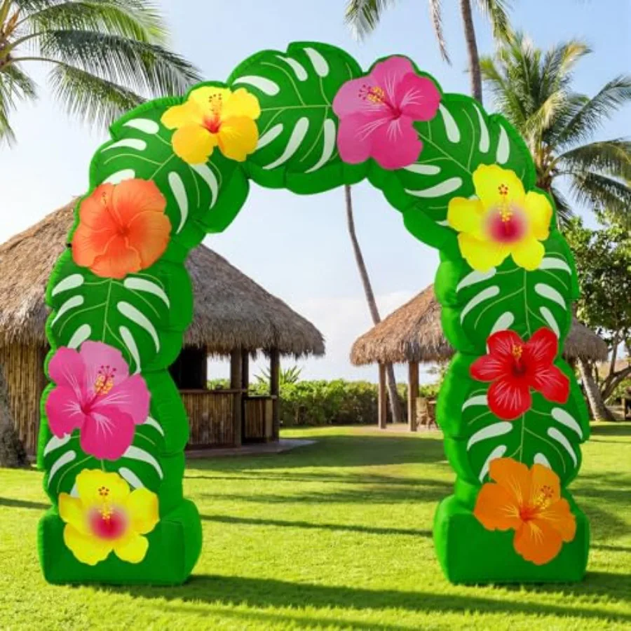 Outdoor tropical luau party inflatable arch for beach, pool, patio; monstera leaves and floral design; green and vibrant colors