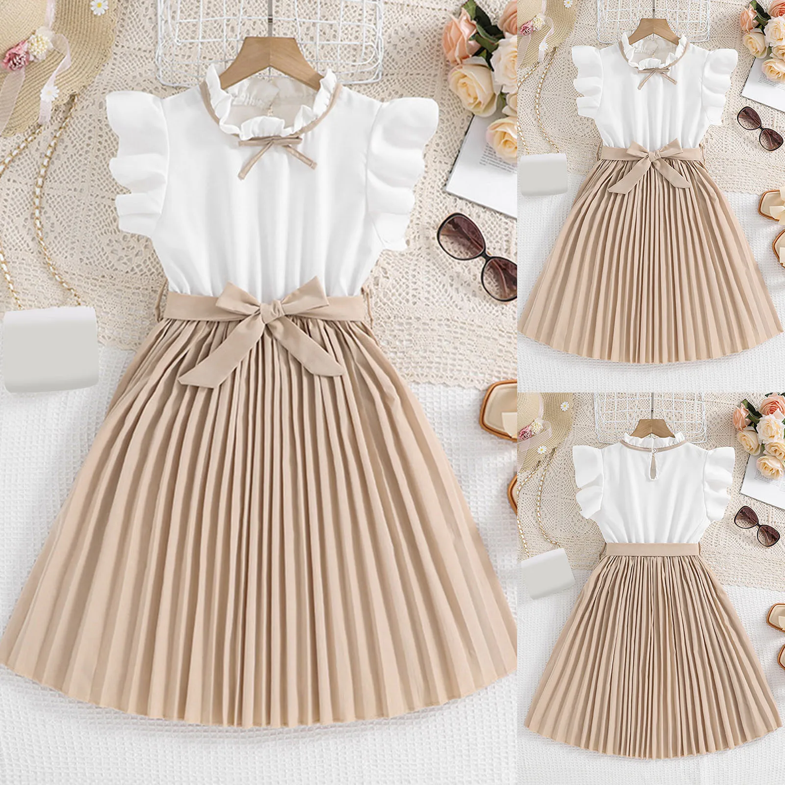 Summer Casual Dress for Kids Girls 7 to 12 Years Children Clothes Pleated Dress Sleeveless High Waist Princess Dress with Belt