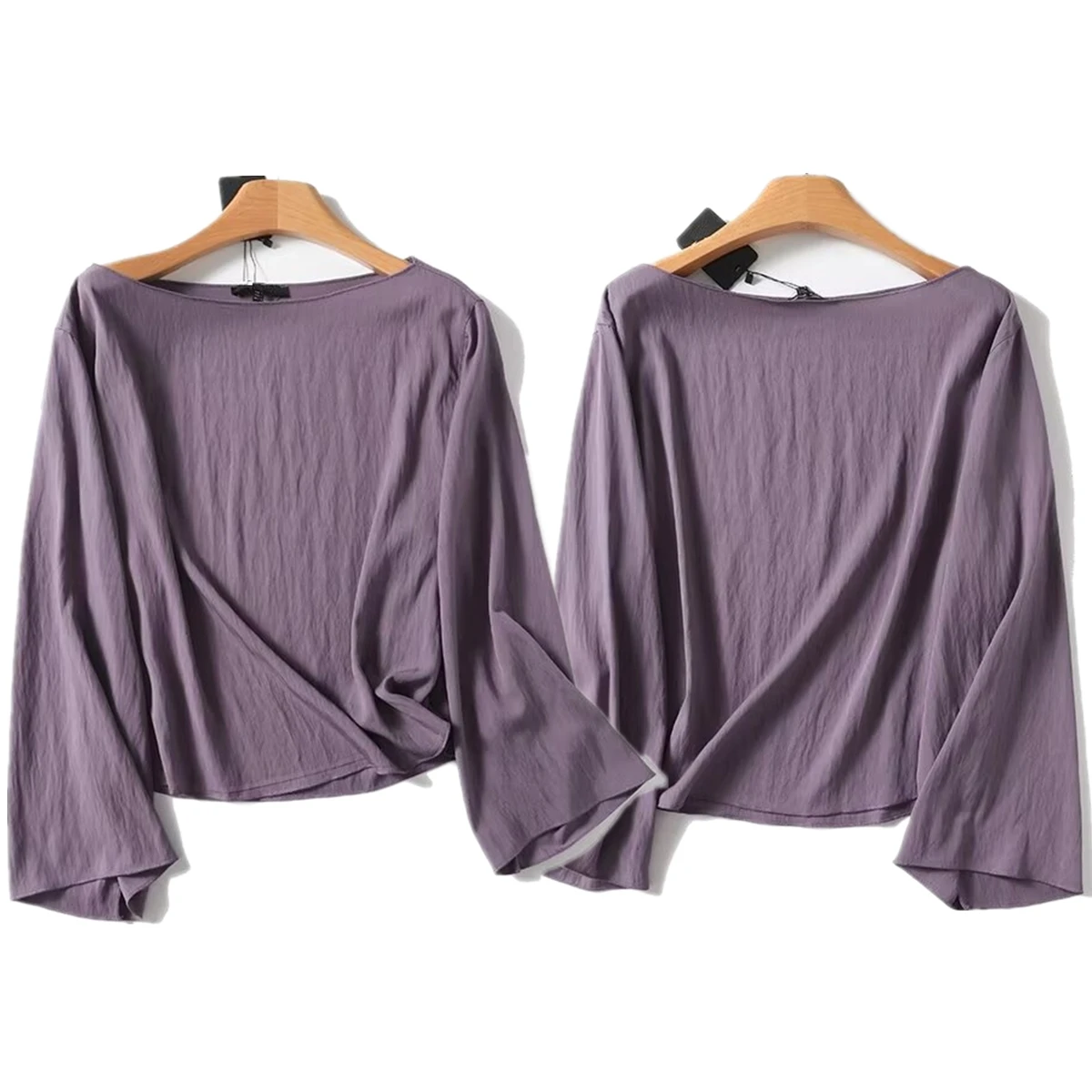 Withered  Minimalist Purple Boat Neck Long Sleeved Shirt Women Fashion Ladies Autumn Blouse Women Tops