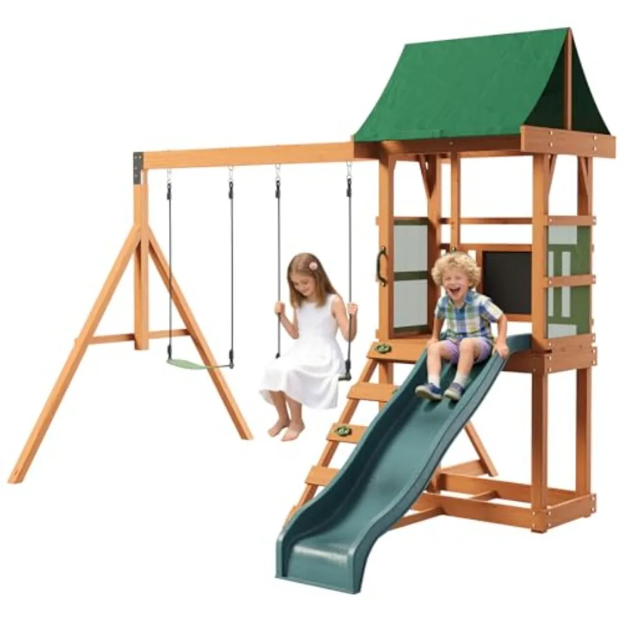 

Wood Swing Sets for Backyard - Outdoor Playground Playset with Wave Slide Play Deck Rock Wall Ladder Belt Swings Chalkboard Can
