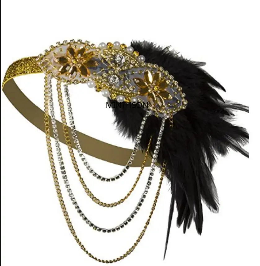 Minthson-diademas de plumas de los años 20, banda elástica con joyas de cuentas, cadena, Flapper, accesorios para disfraces, tocado de fiesta, vestido de Chevron