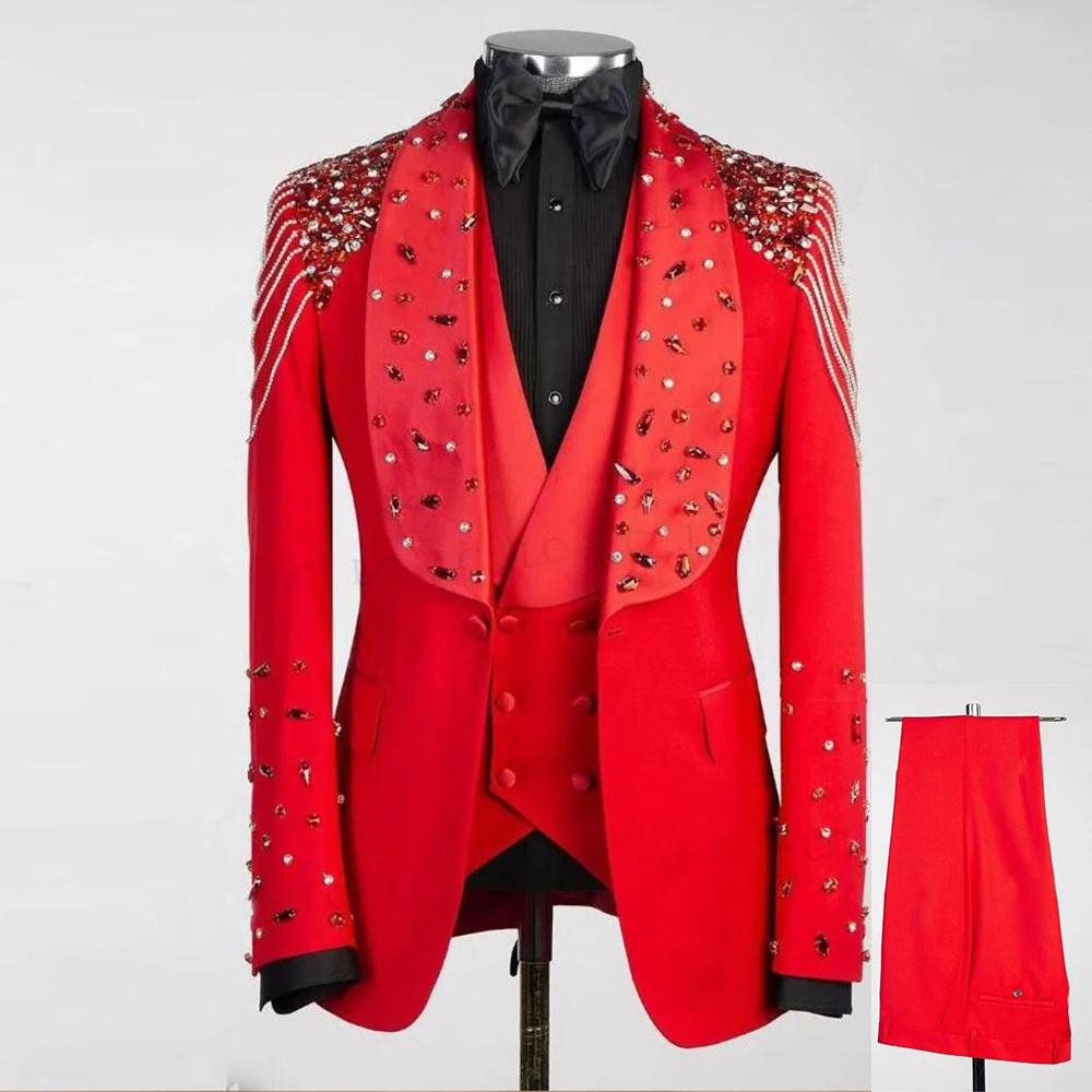 

R01 Luxury Red Pants Vest Suit 3 Pieces Sets Beaded Diamonds Groom Prom Tuxedo Sparkly Dinner Party Man Blazers Outfit for Party