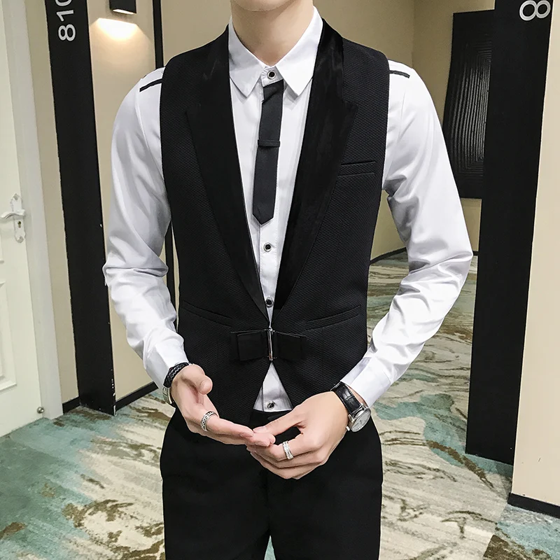 2023 Autumn Mens Vest Bow Decoration Waistcoat Prom Party Disco Waiter Clothes Casual Slim Dress Vest Men Tuxedo Gilet Homme