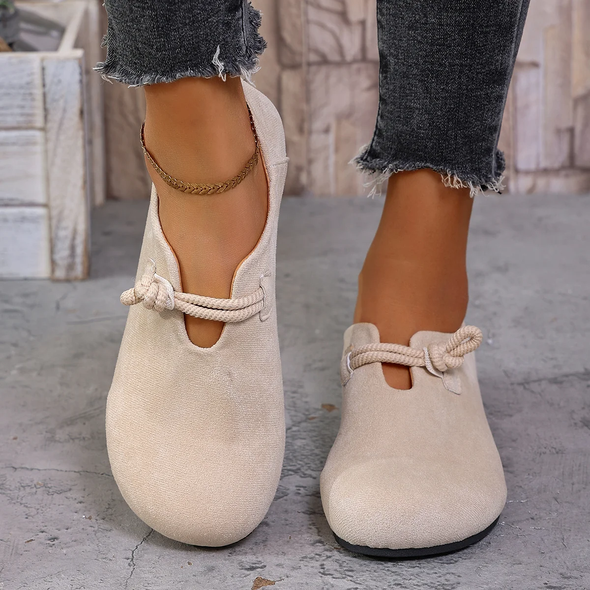 Damen-Loafer mit runder Zehenpartie, geknotetem Seilriemen, Slip-On-Schuhe, weiches Wildleder, bequem, rutschfest, lässige Damen-Flachschuhe für den täglichen Gebrauch. – Detail 3
