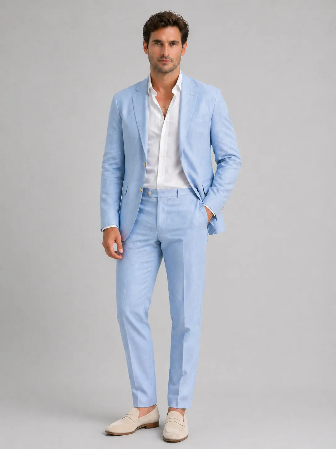 Summer 2 Piece Blue/Beige Linen Men Suits New Casual Men's Business Office Groom Suit Notch Lapel Blazer Pants Set for Party