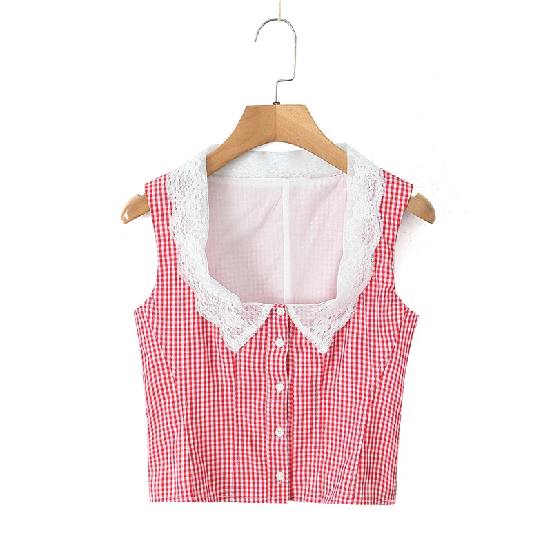 YENKYE New 2025 Women Cotton Red Plaid Sleeveless Shirt White Lace Square Neck Front Button Slim Summer Crop Top