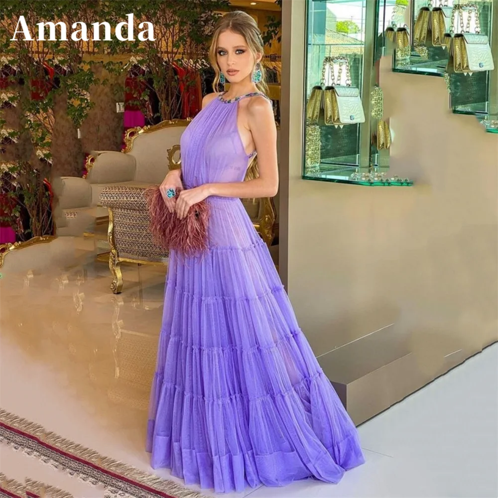 

Amanda Sexy Halter Neck A-line Prom Dress Elegant Lavender فساتين السهرة Grace Multilayer Maxi Open Back Vestidos De Noche