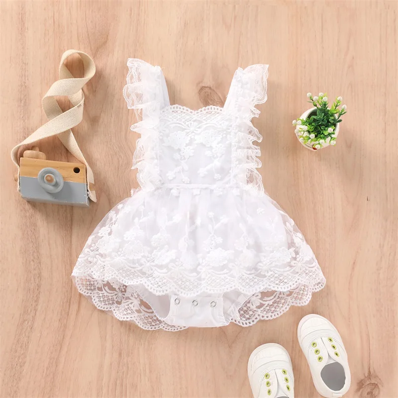 White Lace Princess Dress with Floral Lace Embroidery Romper Bodysuits Party Set Ruffles Sleeveless Tulle Tutu Dresses