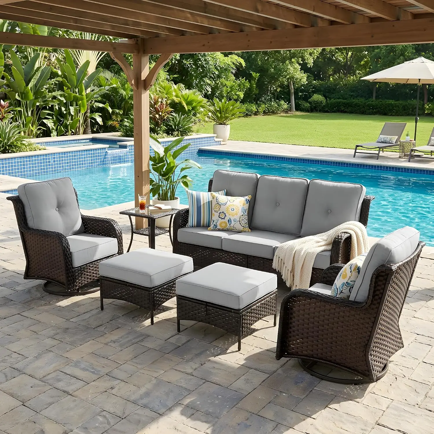 High High Back Wicker Patio Sofa Set with Swivel Chair & Ottoman, 6" Thick Cushion Deep Seating for Yard & Deck, Customized - Aliexpress Deal