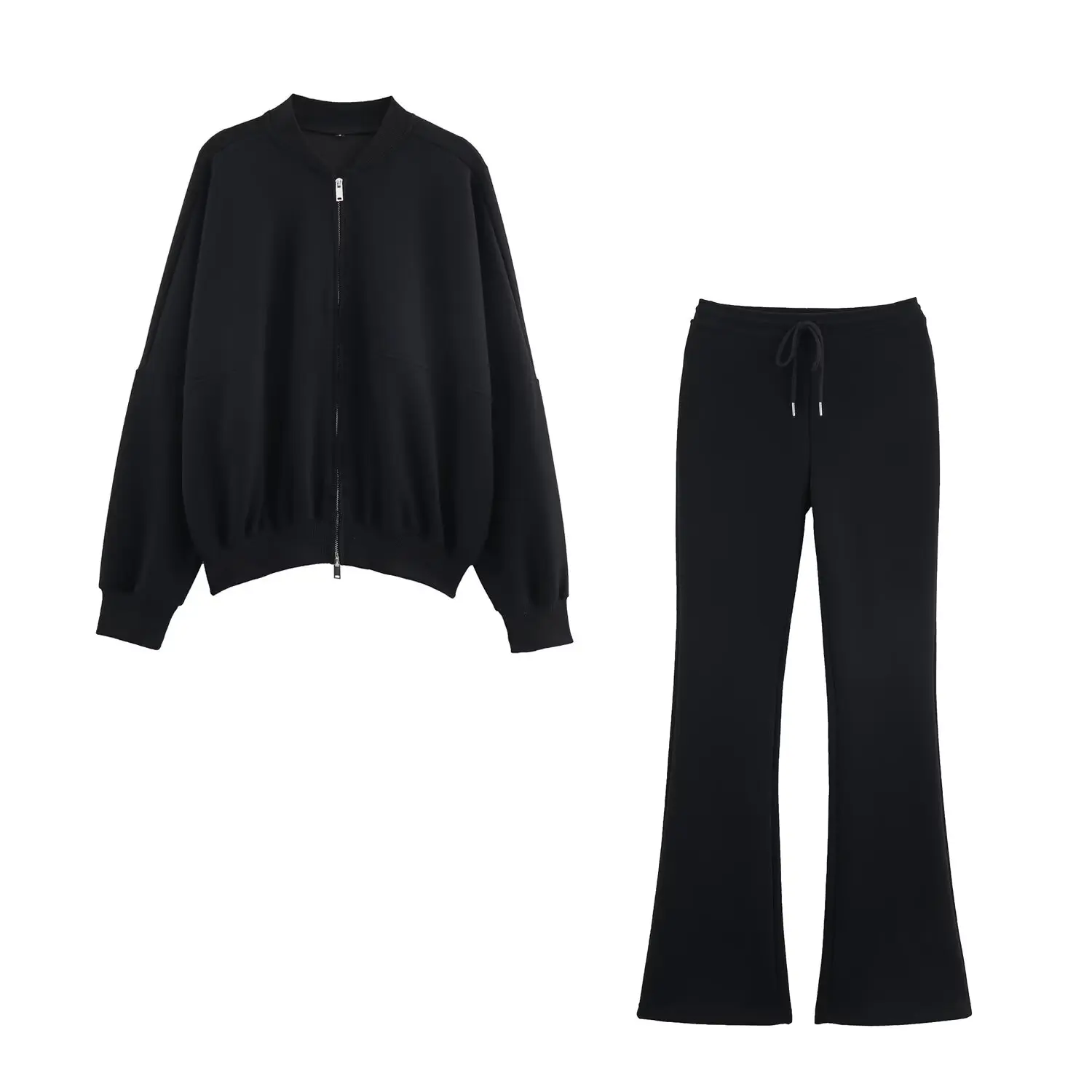 HH 秋の女性用ソリッドニットパンツスーツ、ルーズラウンドネック長袖ジッパー付きジャケット+伸縮性ウエストドローストリングベルボトムパンツ