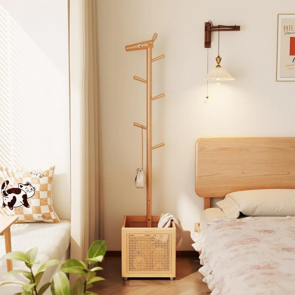 Cute Wood Coat Rack,Coat Rack Freestanding with 5 Hooks,Coat Tree with Storage Basket for Bedroom, Entryway, Livingroom （White）