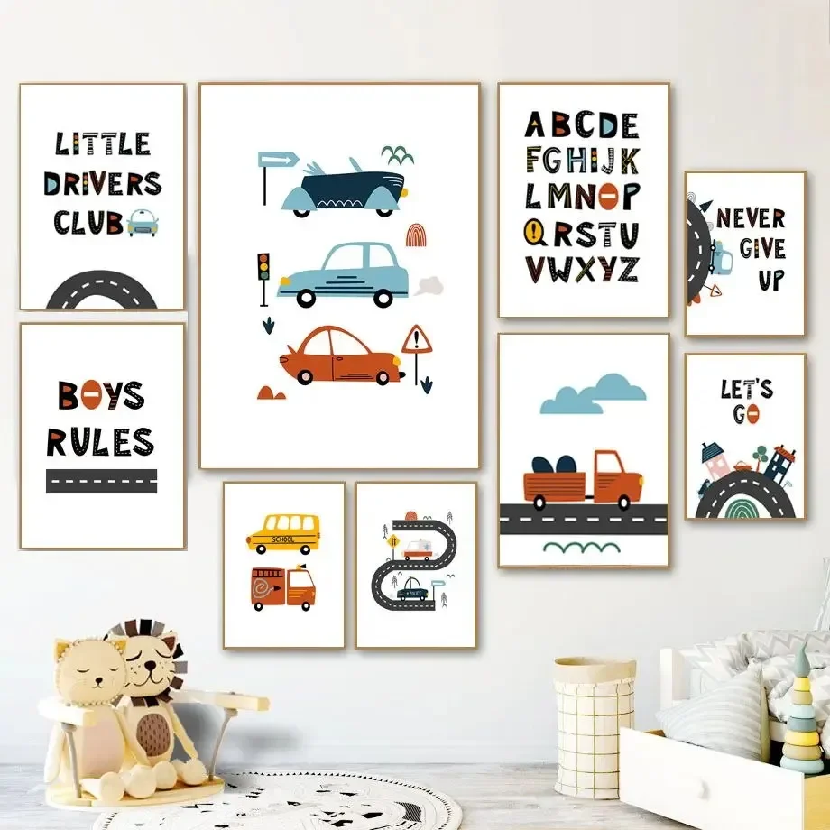 Canvas Painting Posters and Prints Wall Pictures Cartoon Car Truck School Bus Traffic Sign Nursery Wall Art for Kids Room Decor