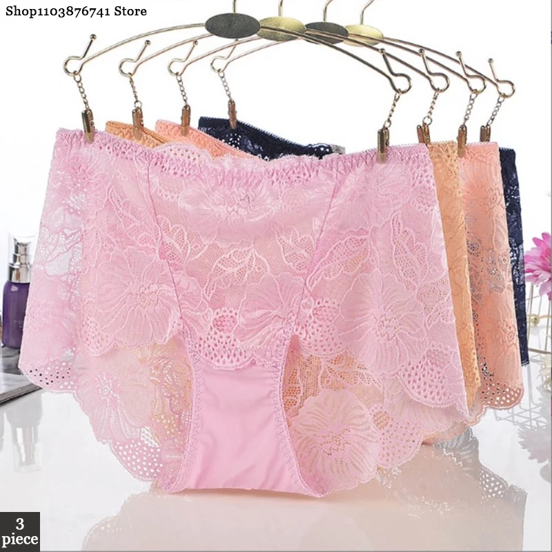 

3pcs Underwear Sets Lace Panty for Women Sexy Boxers Mid Waist Briefs Plus Size Seamless Panties L-XXL