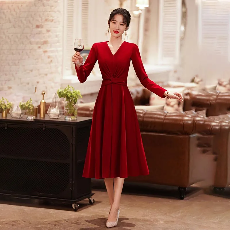 

Evening Dress Burgundy Simple Elegant V-Neck Full Sleeves Pleat Tea-Length A-Line Zipper Back New Woman Formal Party Gown A2397