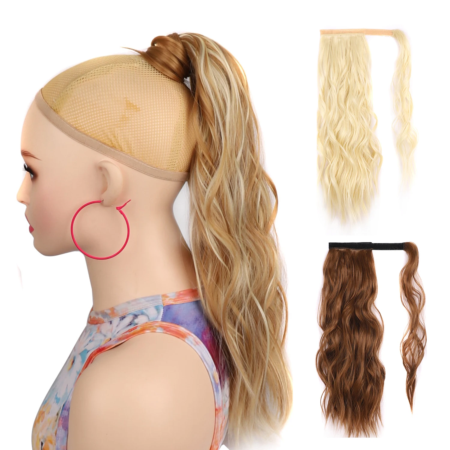 Ponytail Extension Short Water Wave Ponytails for Women Brown Blonde Highlights Curly Synthetic Hairpiece Clip on Easy Wear