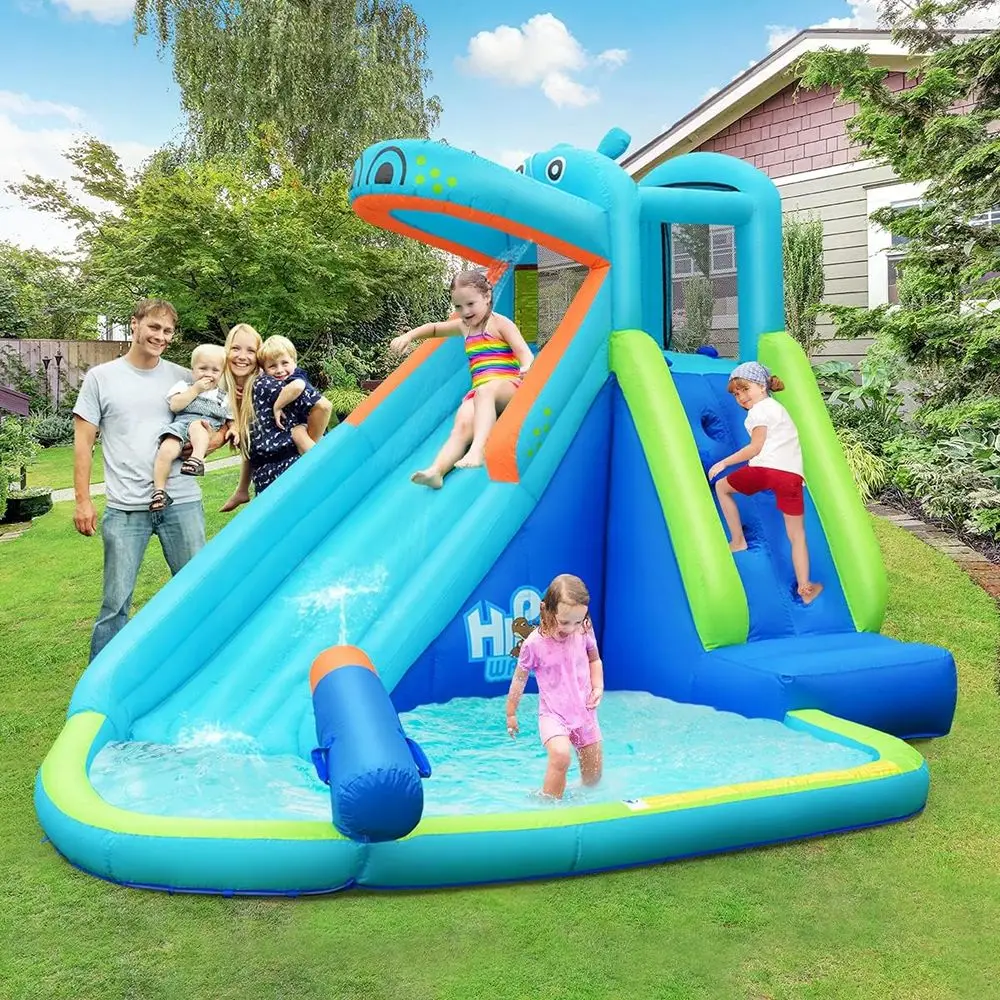 สไลเดอร์น้ำเป่าลม รูปทรงฮิปโป สำหรับสนามหลังบ้าน พร้อมผนังปีนป่ายและสไลเดอร์ ใช้ได้ทั้งในร่มและกลางแจ้ง