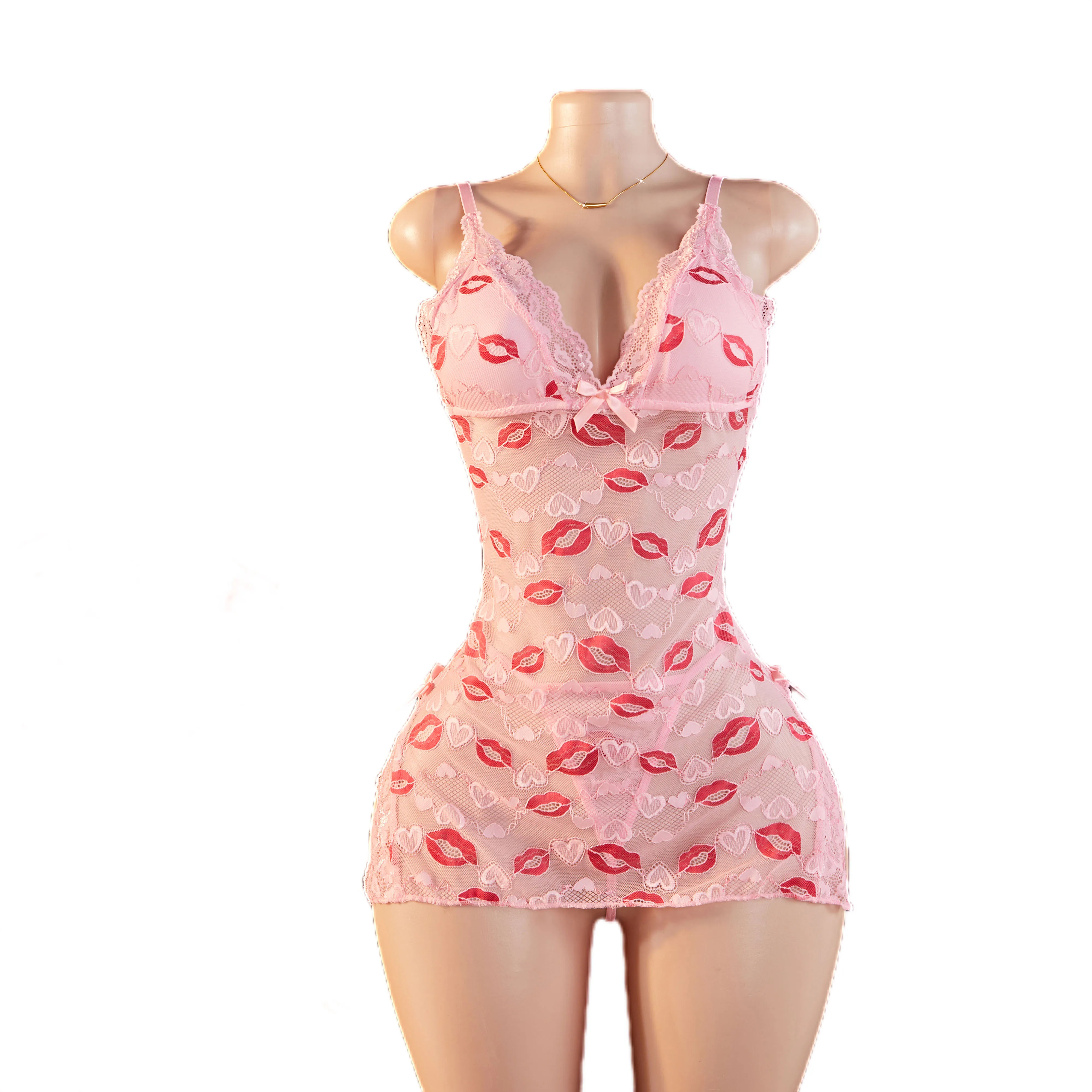 New Women Lace Patchwork Sexy Side Slip Red Lip Printed Butterfly Decoration Pink Mini Skirt Contrast Lace Ruffle Hem Nightdress