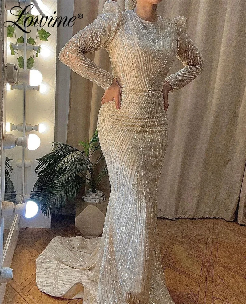 Robe De Soirée Formal Long Sleeve Evening Dresses Beads Sequins Mermaid Customize Plus Size Dubai Middle East Arabic Party Dress