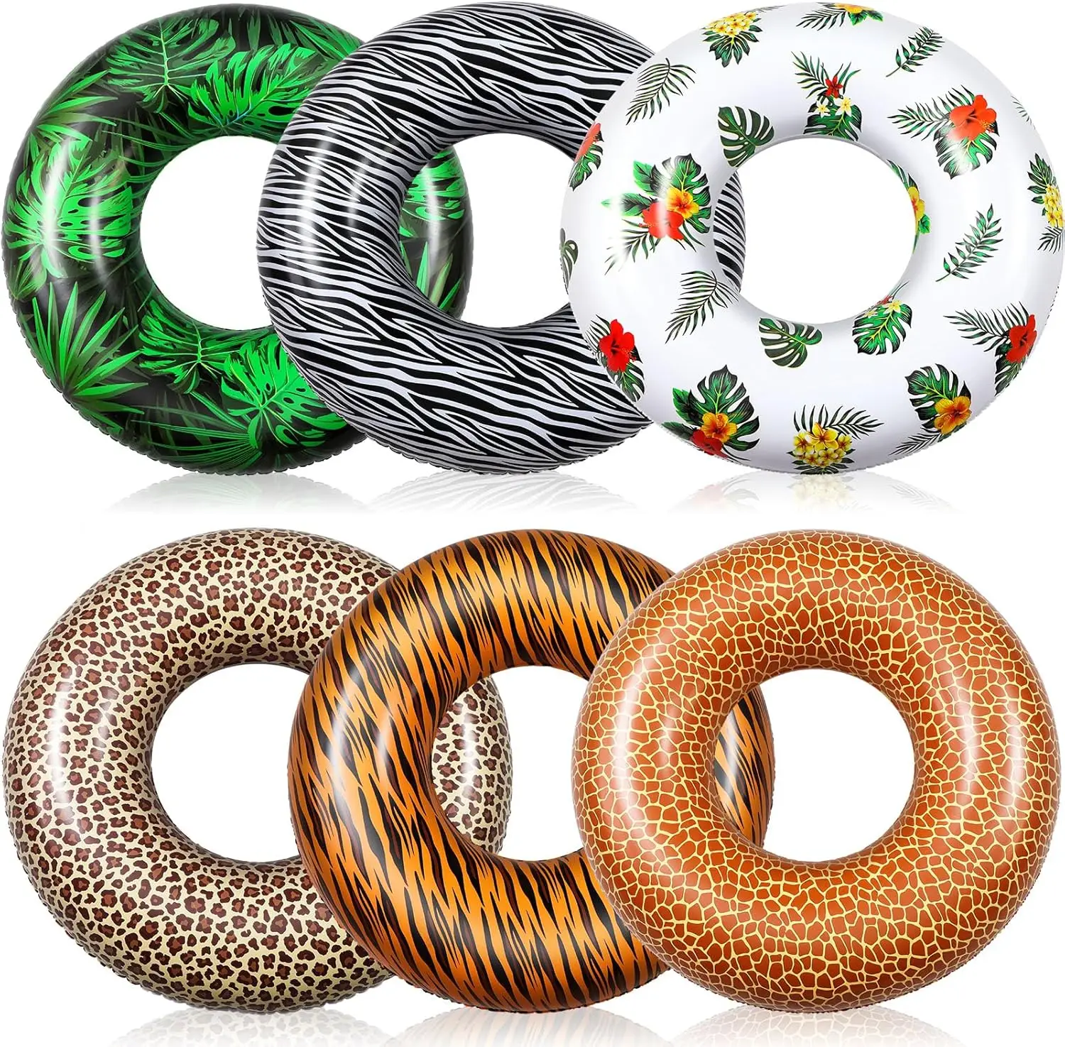 32 Inch Inflatable Pool Floats for Adults – Tropical Leaf & Animal Print Swimming Rings, Summer Beach Party Supplies for Hawaii Vacation