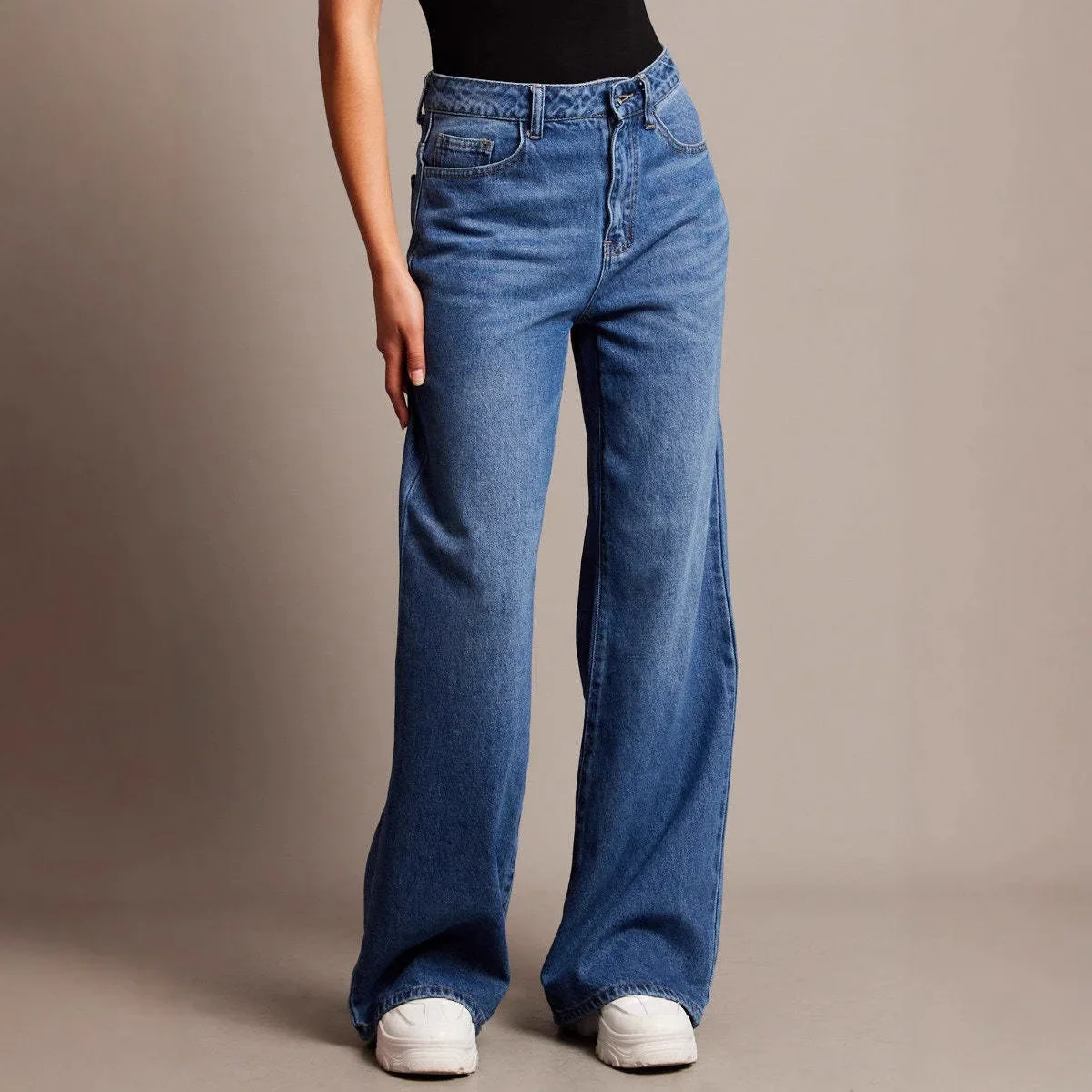 

Denim Wide Leg Pants Women Jeans Straight Trousers Streetwear 2025 High Waist Distressed Washed Pockets Basic Floor Length