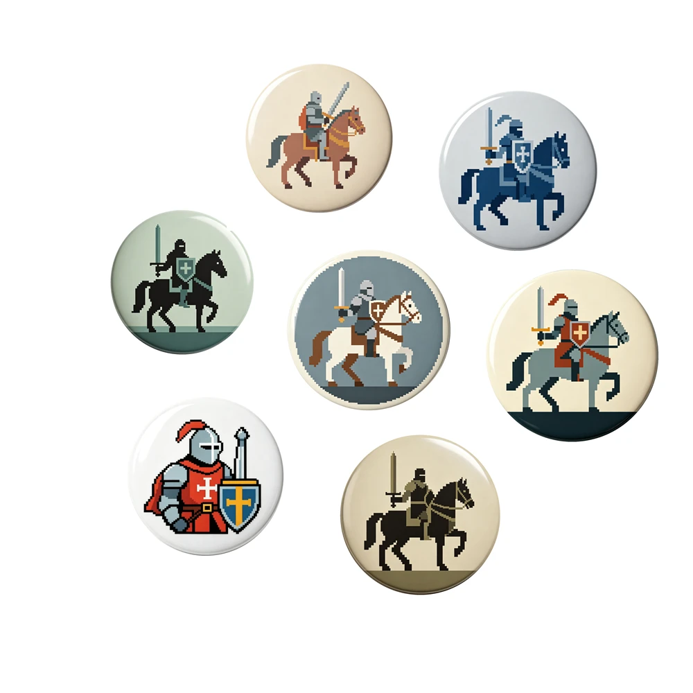 Pixel Knight Tinplate Badge 58mm Medieval Crusader Warrior Safety Pin Brooch For Backpack Clothing Bag Decor Collection Gift