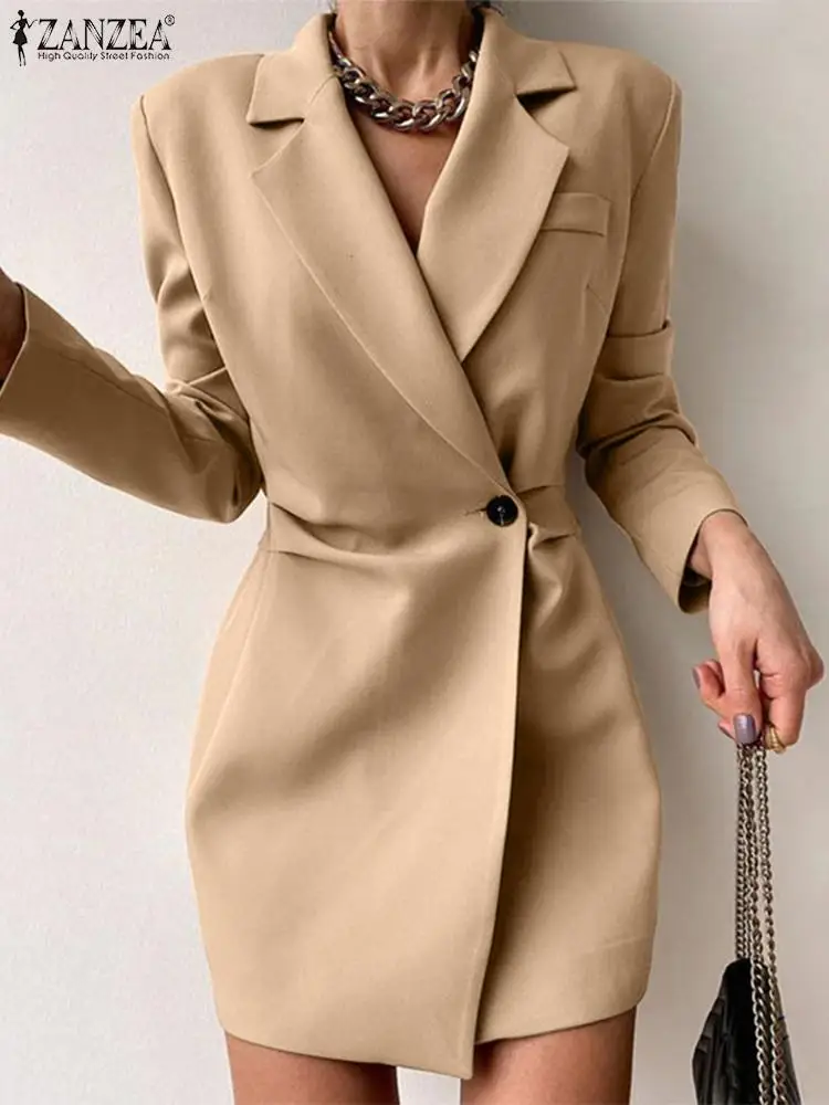 ZANZEA Office Lady Suit Collar Mini Dress Waist Pleated Fashion 2023 Autumn Long Sleeve Short Robes Women Wrapped Blazer Dres