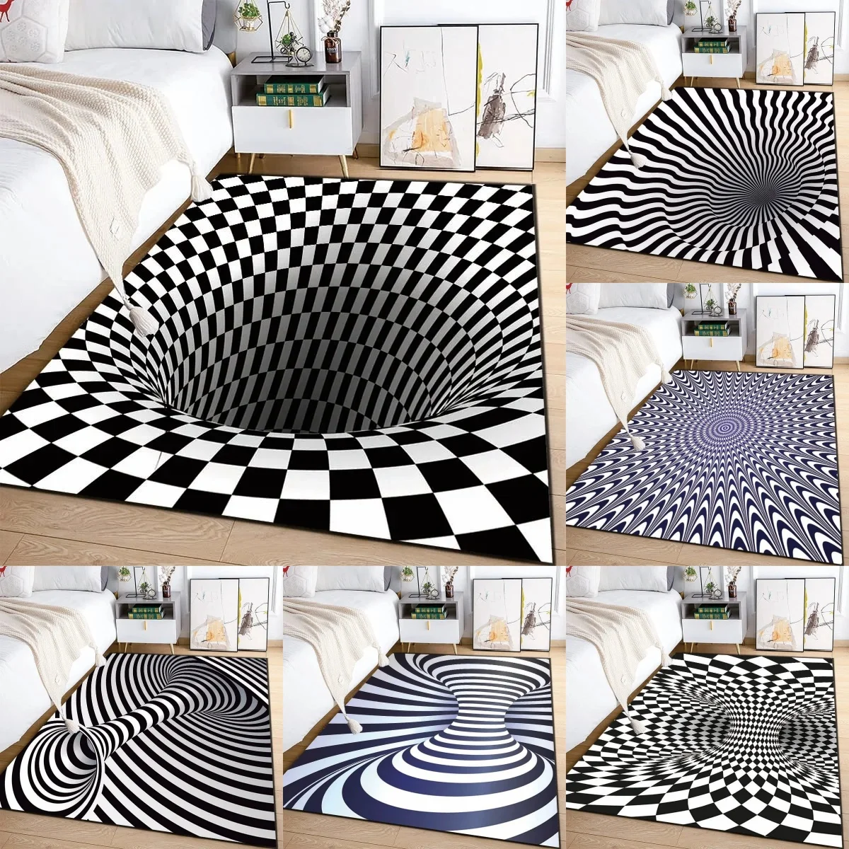 Black White 2D Optical Illusion Area Rug Non Slip Soft Floor Mat for Living Room Bedroom for Contemporary Interiors