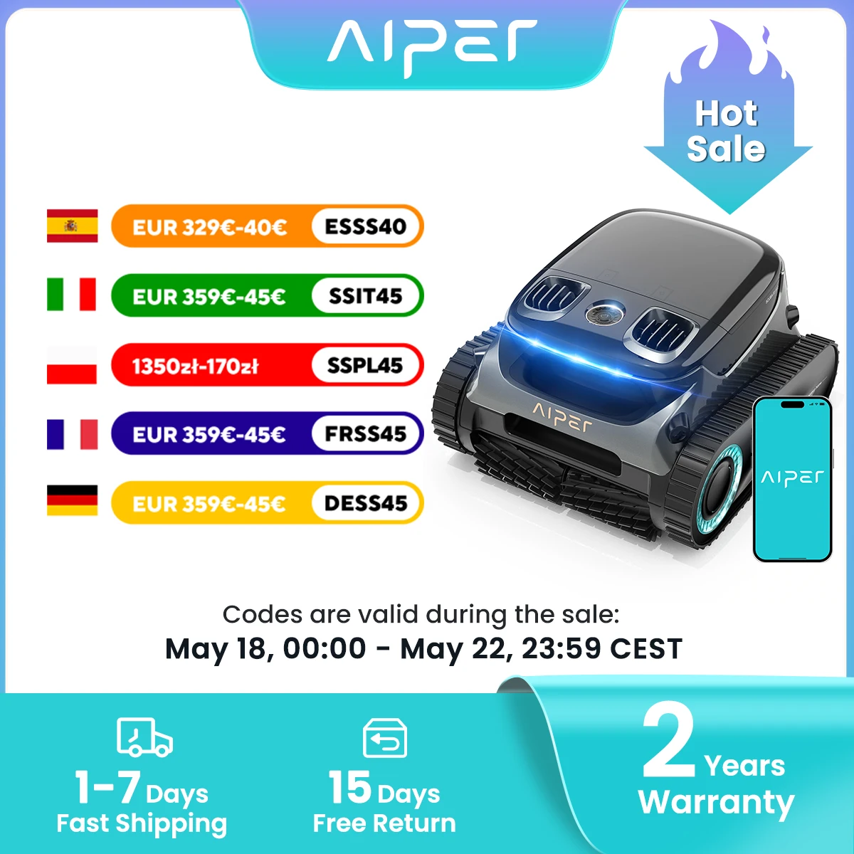 Limpiador de Piscinas Robótico Inalámbrico Aiper Scuba S1 Pro Reacondicionado, Batería de 180 Minutos, Fregado Horizontal de la Línea de Agua, Navegación Inteligente, Succión de 6000 GPH, Ideal para Piscinas Enterradas Grandes de hasta 200 pies ㎡