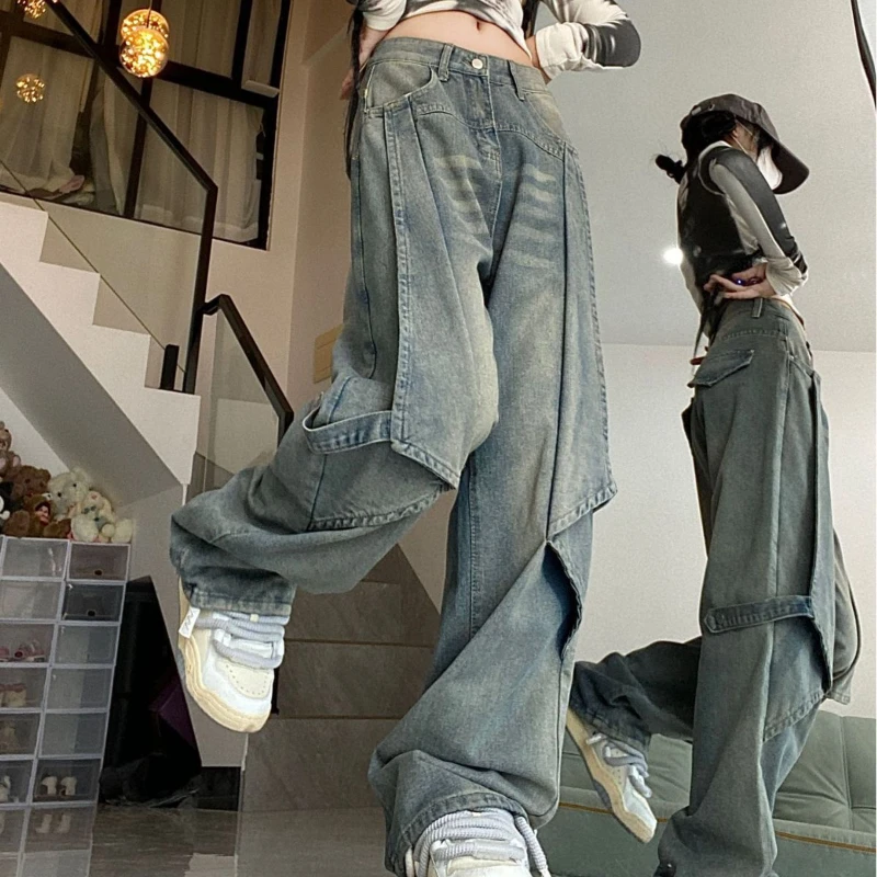 QWEEK Y2k Vintage Jeans Women High Waist Loose Straight Pants Spring Blue Spliced Casual Streetwear Fashion Denim Wide Leg Pants