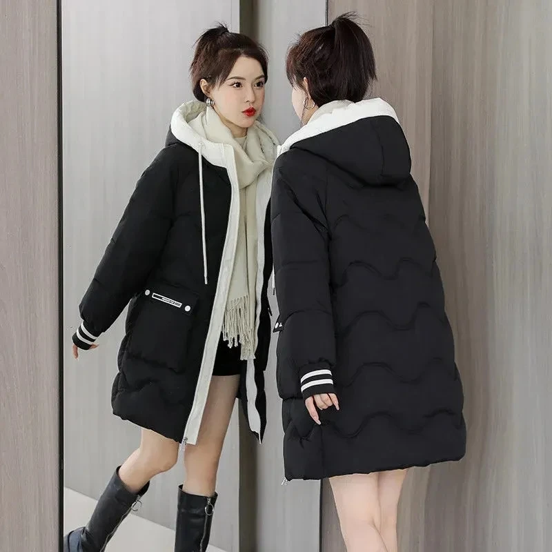 2023 Winter New Women Jacket Parkas Female Loose Mid-Length Thick Cotton Padded Jackets Ladies Hooded Casual Warm Parka Overcoat