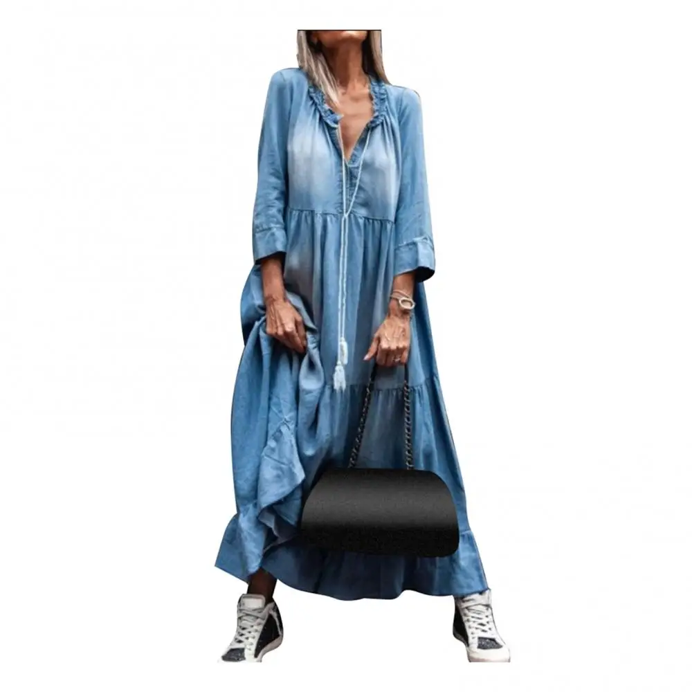 Gaun Maxi Denim wanita, gaun rumbai lengan 3/4, Gaun Denim Maxi kerah V renda Vintage besar