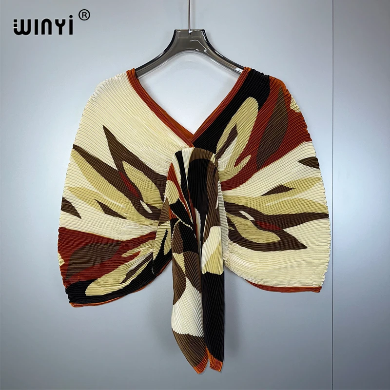 WINYI Top elastico plissettato taglia libera per donna, top da spiaggia estivo bohémien, manica a pipistrello, copricostume da spiaggia con vestiti stampati boho