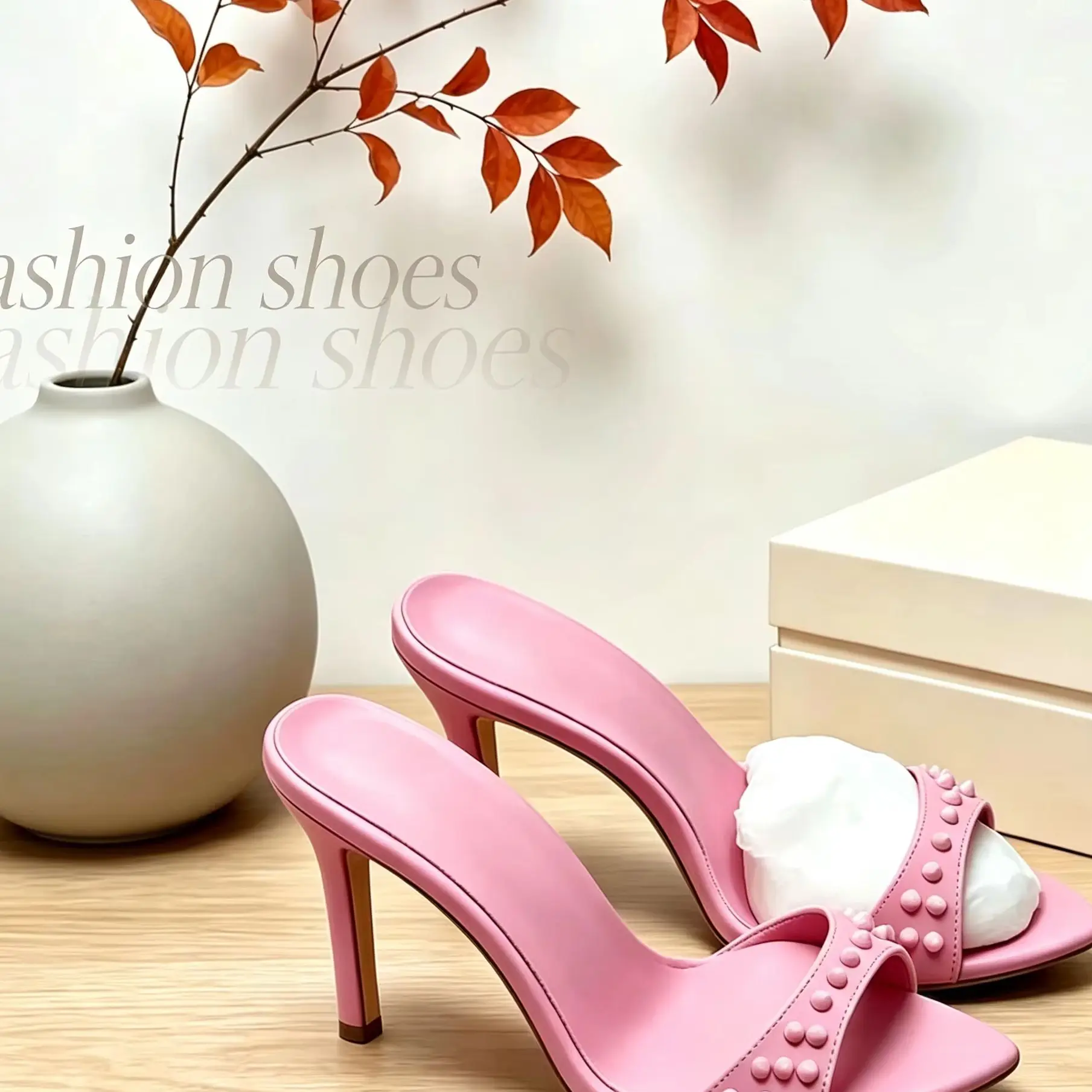Women's Pink Studded Pointed Toe Stiletto Heel Mule Sandals Edgy Elegant Slip-On Design Ladies Summer Street Parties Slippers