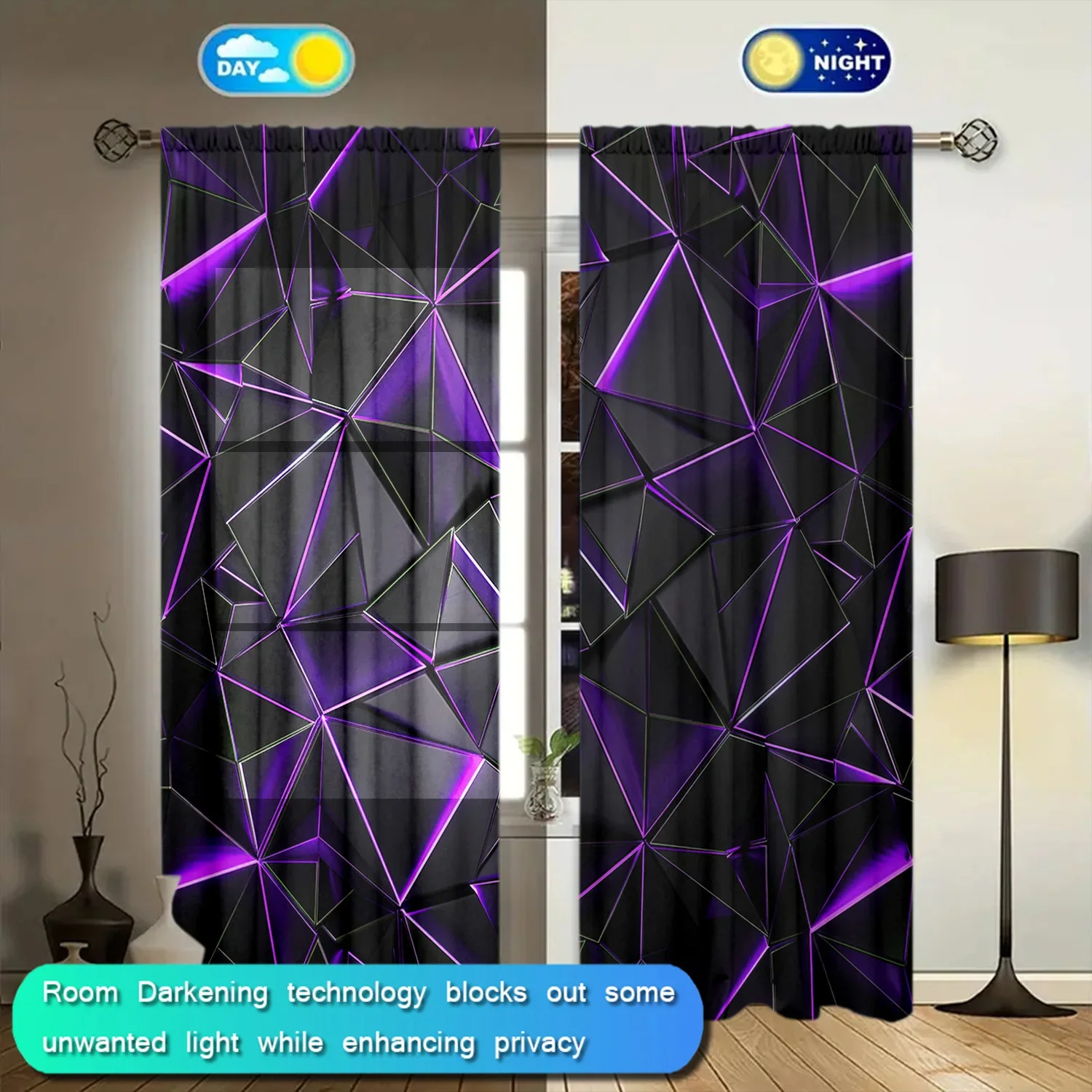 2pcs Purple Irregular Geometry Printed Curtain for Home Decor-Rod Pocket Window Treatment for Bedroom,Office,Kitchen,Living Room