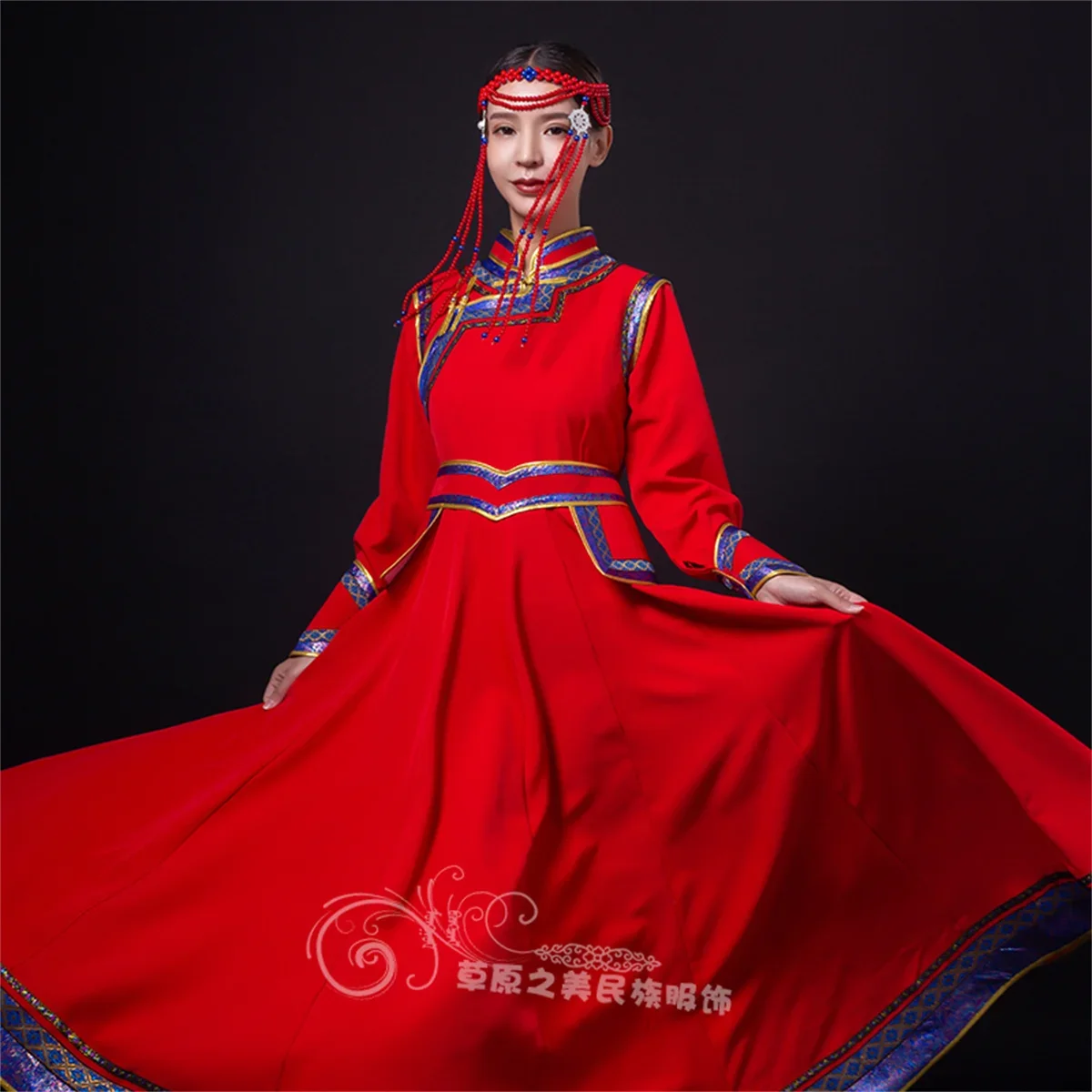 Robe mongole carrée pour adultes, robe de danse, robe de scène féminine, jupe évasée, vêtements de la minorité ethnique