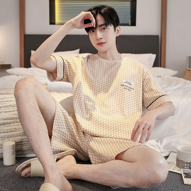 New Men's Cotton Pajama Set For Summer Casual Pijama Round Neck Short Sleeve T-Shirt With Shorts Loungewear Sleepwear Set