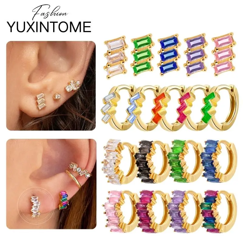 

925 Sterling Silver Ear Needle Colorful Irregular Square Stud Earrings Women's Multicolor Zircon Hoop Earrings Luxury Jewelry