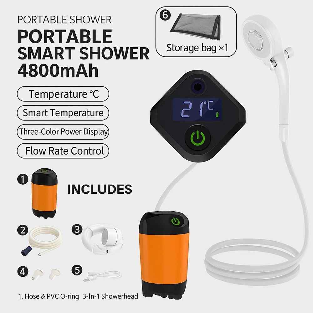 

Портативный электрический душ для кемпинга, 4800 мАч/7800 мАч, цифровой дисплей, контроль потока для наружного общежития