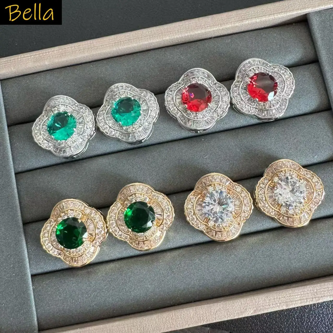 

cubic zirconia stud earrings for women elegant jewelry silver gold color red green Four Leaf Clover earrings cute gift