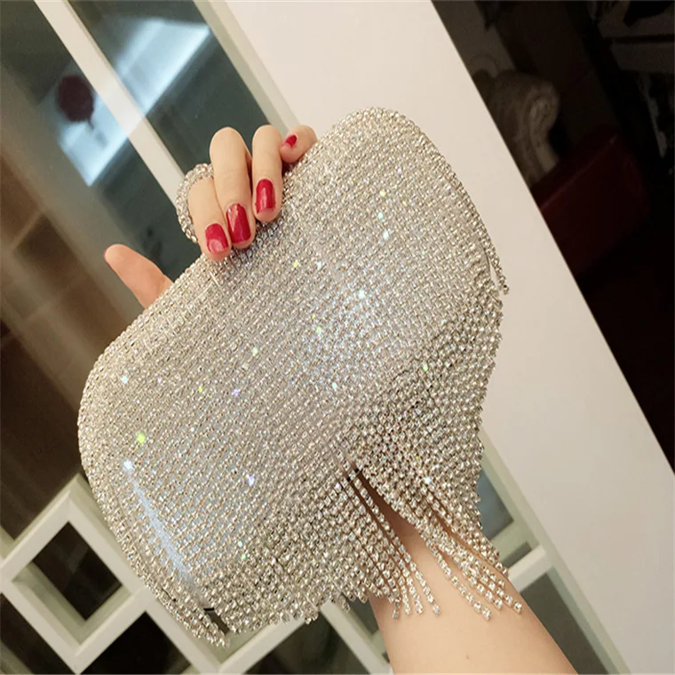 Rhinestone Wedding Purse Women\'s Evening Clutch Bag Luxury Design Women Handbag Silver Small Tassel pouch Chain Shoulder Bag 이브닝