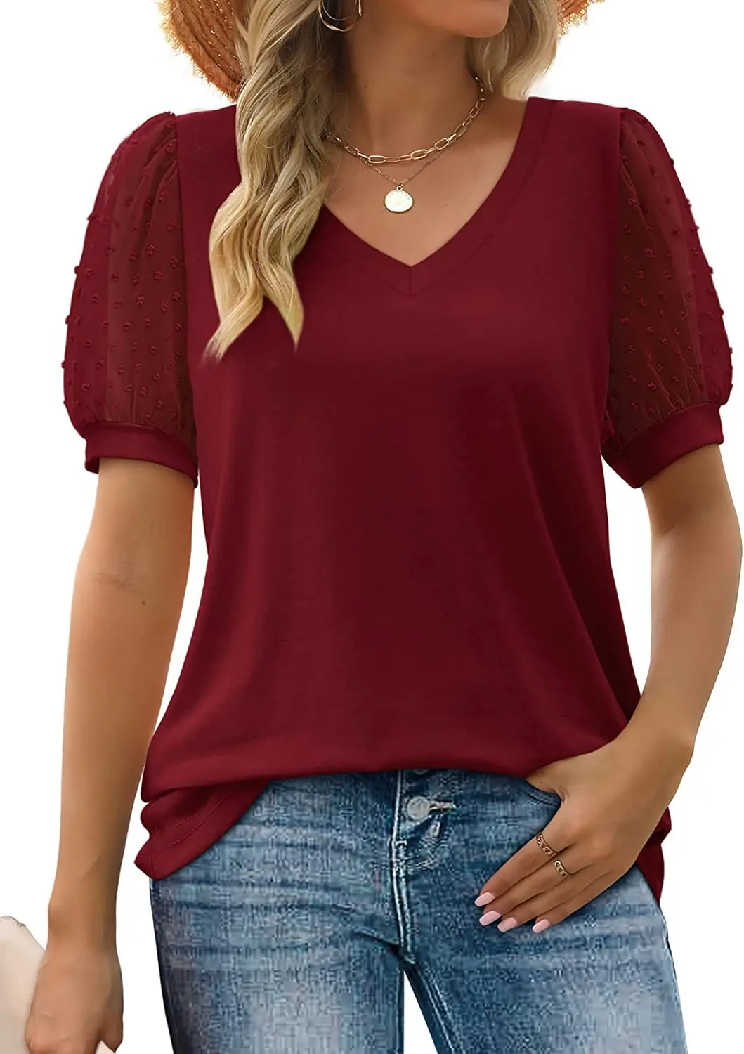 Women's T-shirt Casual Solid Color Bubble Sleeve T-Shirts V-Neck Short Sleeve Polyester Fiber Elegant Streetwear Female Top