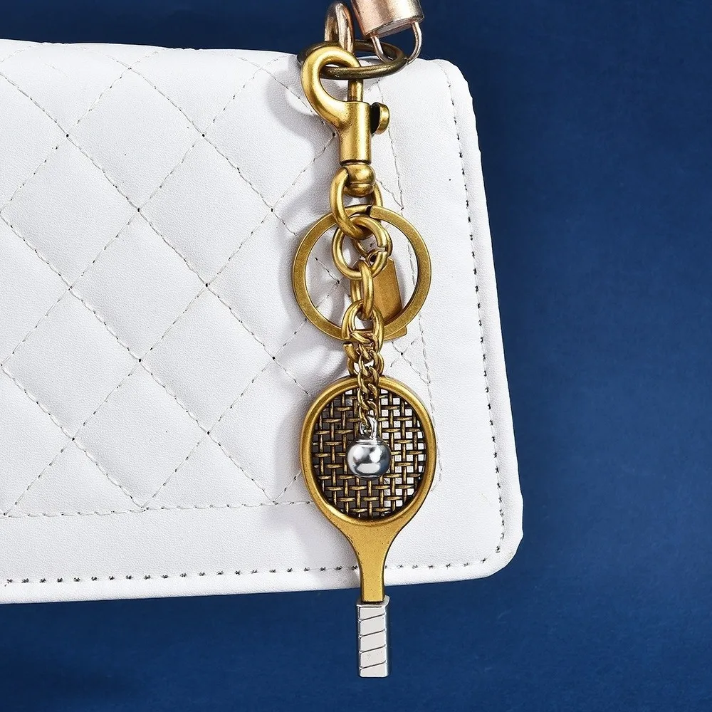 Mini Tennis Racket Keychain Tennis Racket Shape Alloy Badminton Racket Keychain Sports Style Beaded Bag Charm