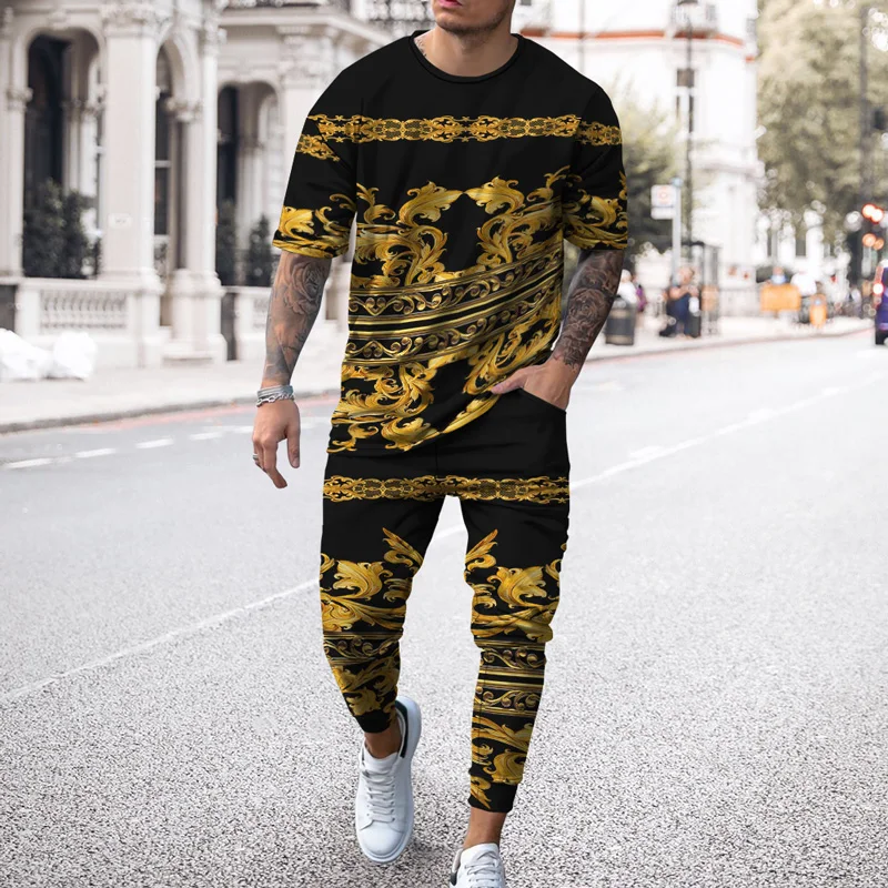 Summer Men Tracksuit Vintage 3D printed Short Sleeve T Shirt Long Pants 2 Piece Sets Casual Trend Oversized Clothing Urban Man