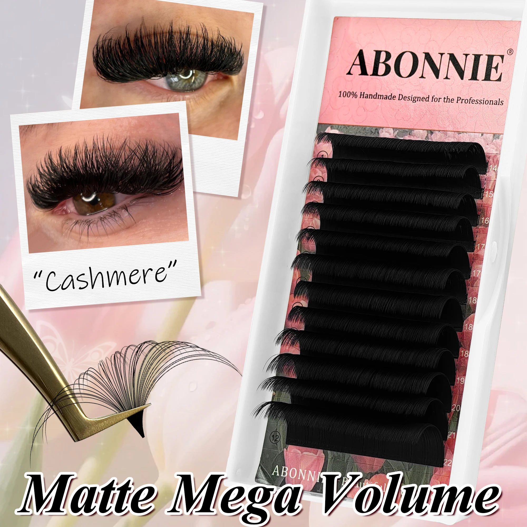 Накладные ресницы ABONNIE M L C D CC DD Curl Easy Fan, матовые черные, из норки, эффект объема Mega Flower, как масло, для наращивания ресниц