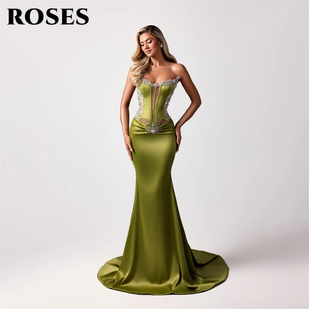 

ROSES Olive Green Prom Dress Sleeveless Crystal Bodice Formal Dresses Fishtail Sweep Train Evening Dresses for Women Customized