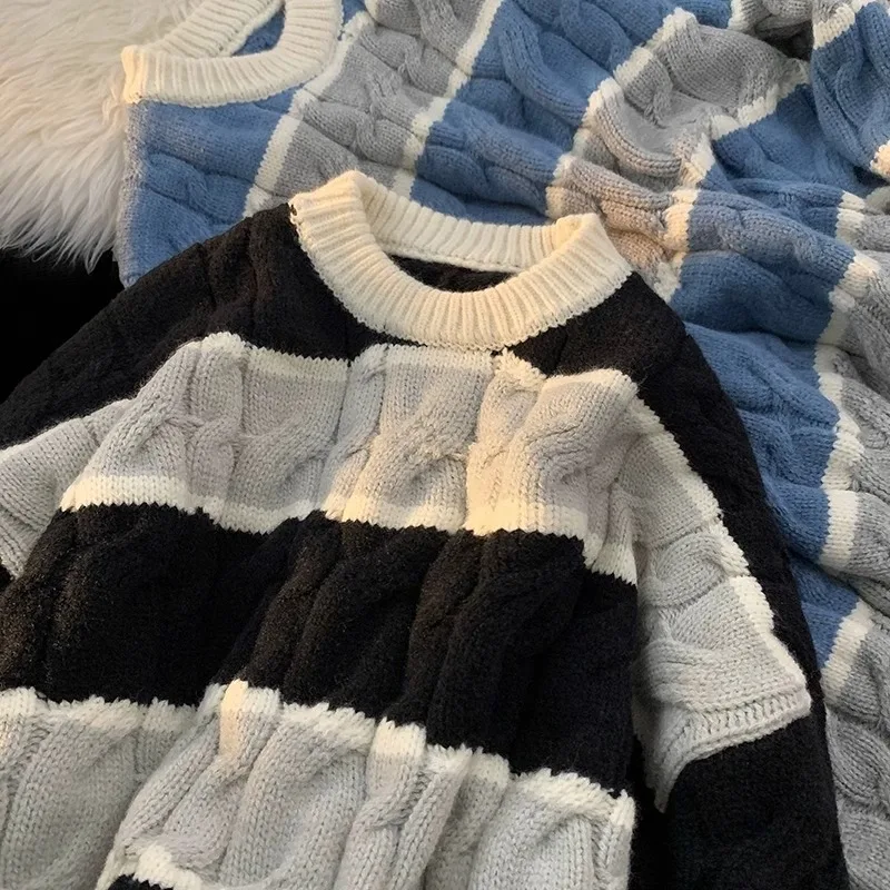 Thickened Autumn Winter Knitted Sweater for Teenage Boys round Neck Stripe Pattern Couple's Warm Casual Outerwear