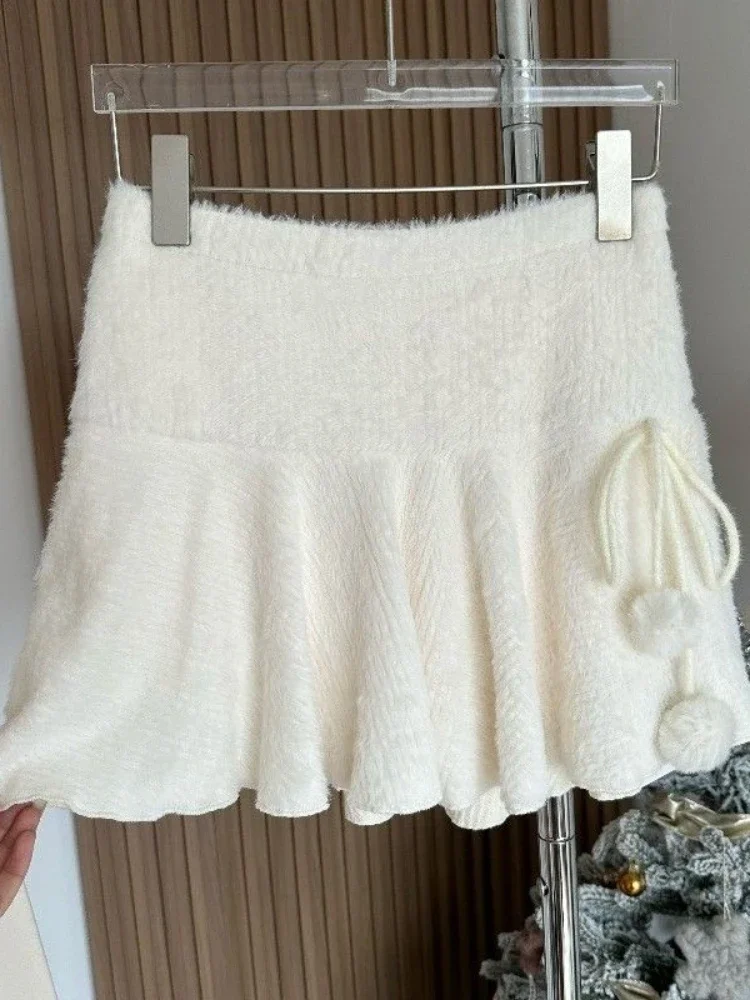 Y2k estetyczne Kawaii śliczne kobiety spódnice z marszczeniami dzianinowa suknia balowa spódnica z wysokim stanem Harajuku słodka solidna bandaż Grunge Faldas