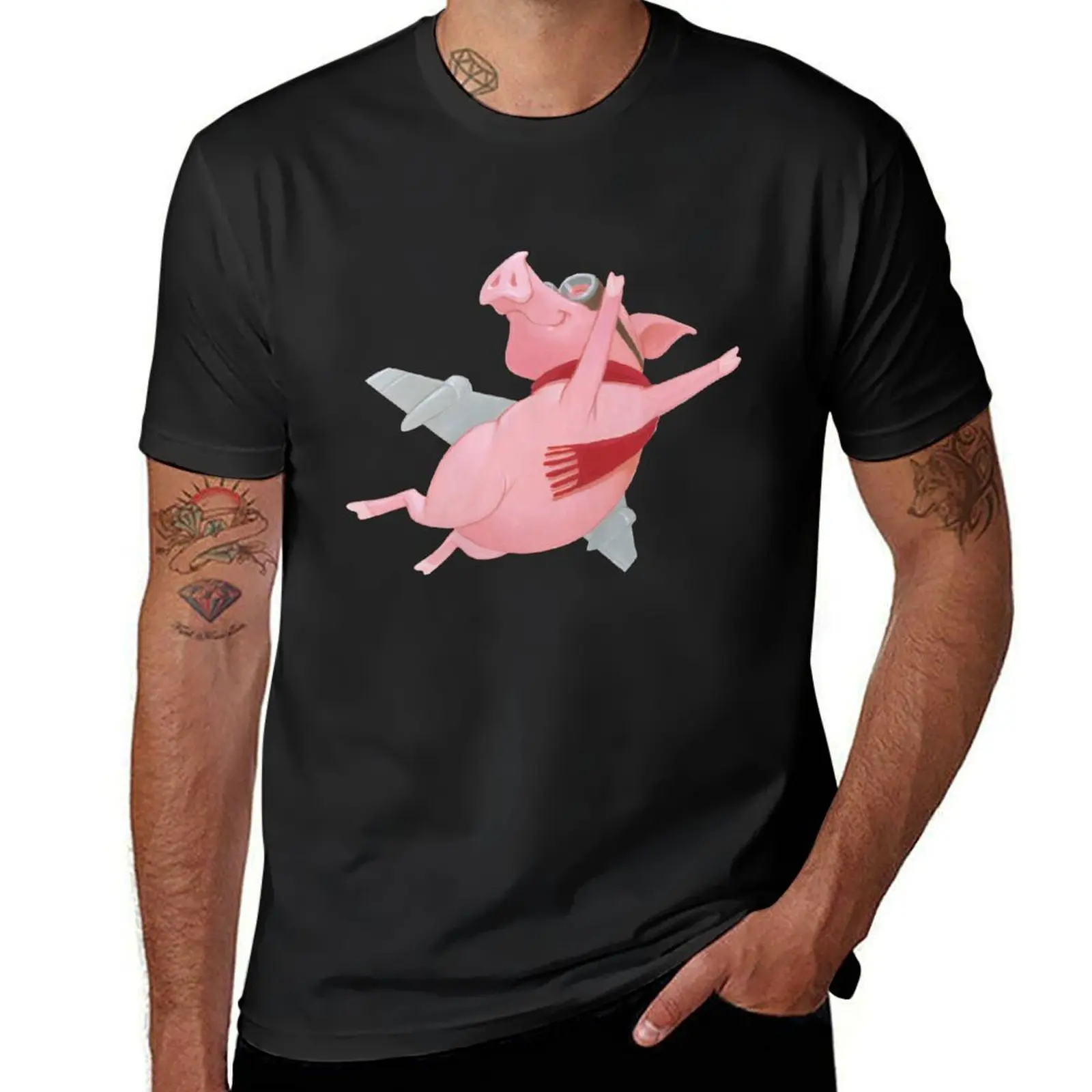 Joyful Flying Pink Pig with Red Scarf T-Shirt oversizeds blanks vintage clothes mens vintage t shirts