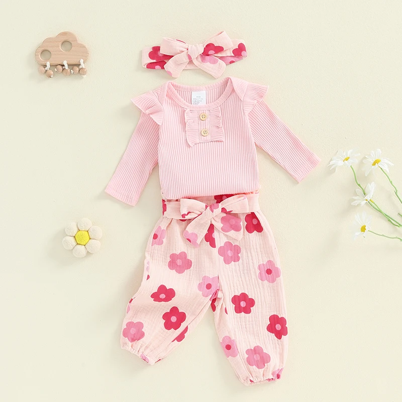 Pelele acanalado de manga larga para niñas pequeñas, conjunto de 3 piezas, pantalones florales, diadema, ropa infantil