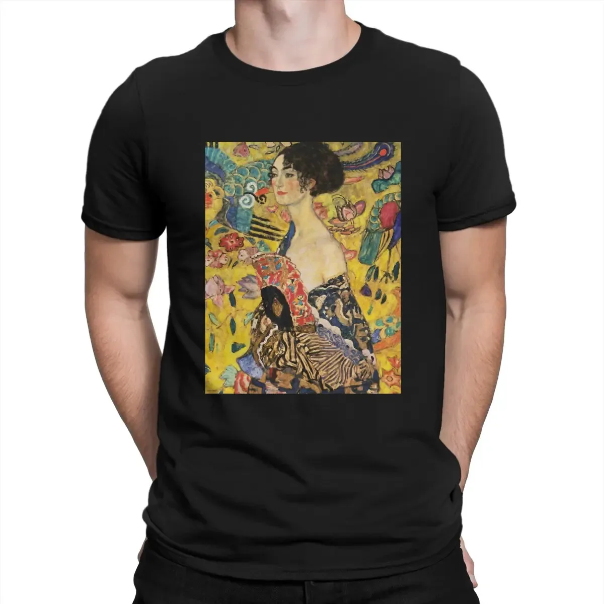 Cool Lady with Fan T-Shirt Men Crewneck 100% Cotton T Shirts Gustav Klimt Short Sleeve Tee Shirt Printing Tops